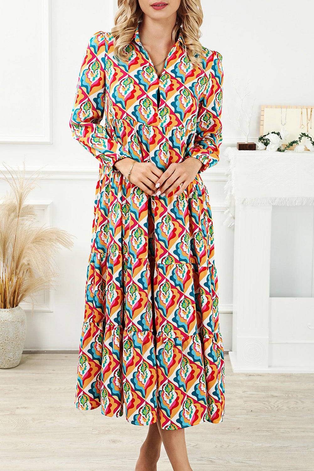 Geometric Print Long Sleeve High Waist Dress