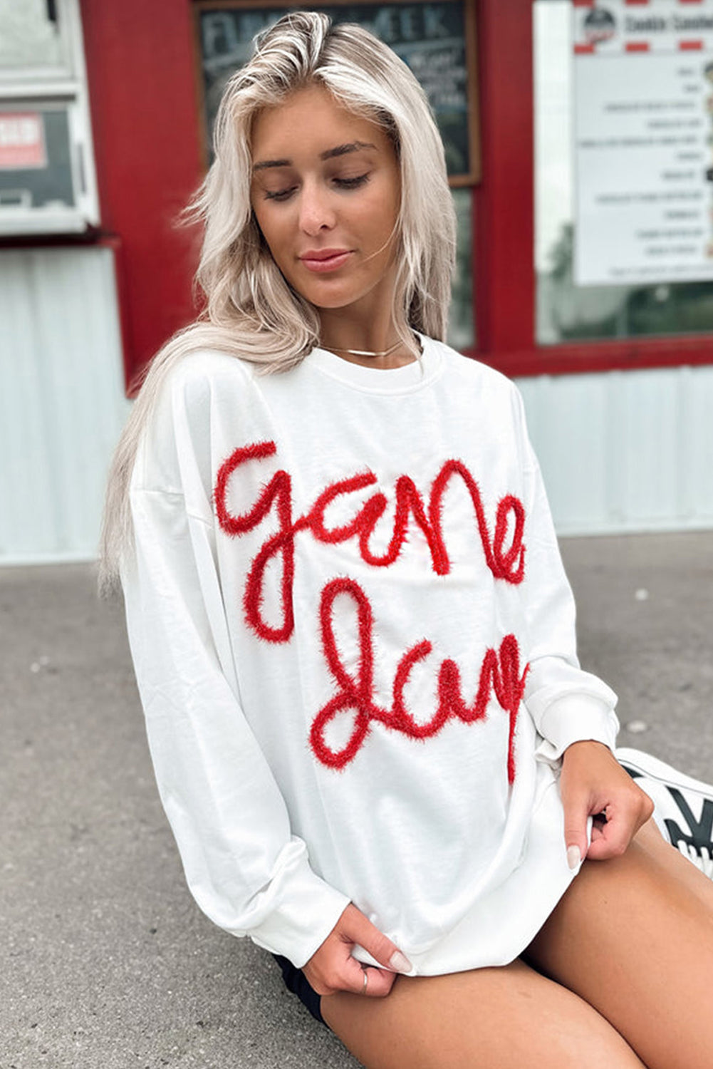 White Tinsel Game Day Drop Shoulder Graphic Sweatshirt