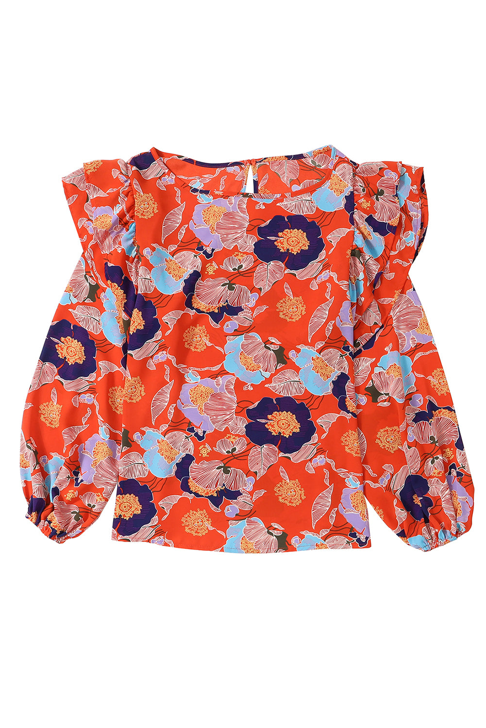 Playful Floral Print Ruffle Puff Sleeve Blouse