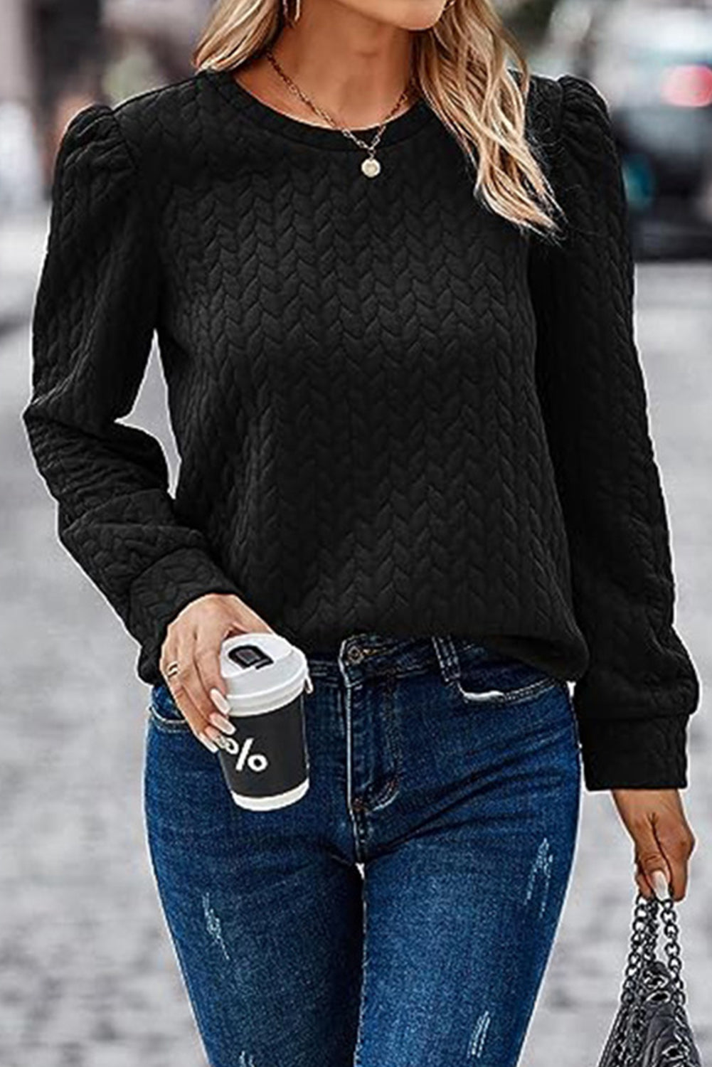 Cable Textured Puff Sleeve Sweatshirt