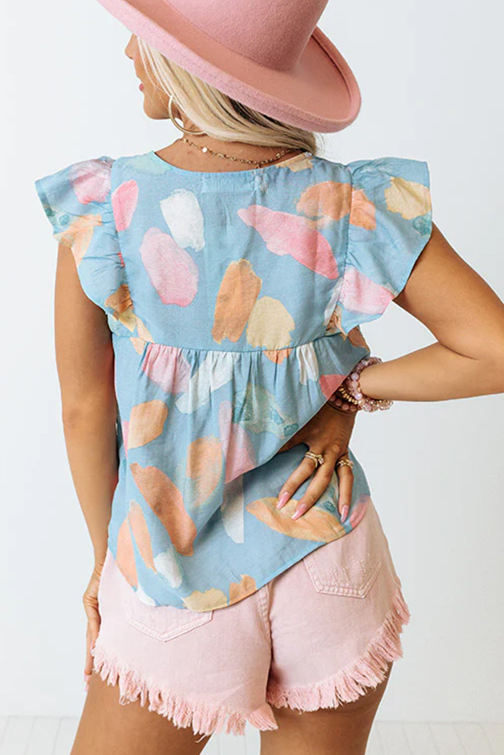 Watercolor Ruffled Cap Sleeve Shift Top