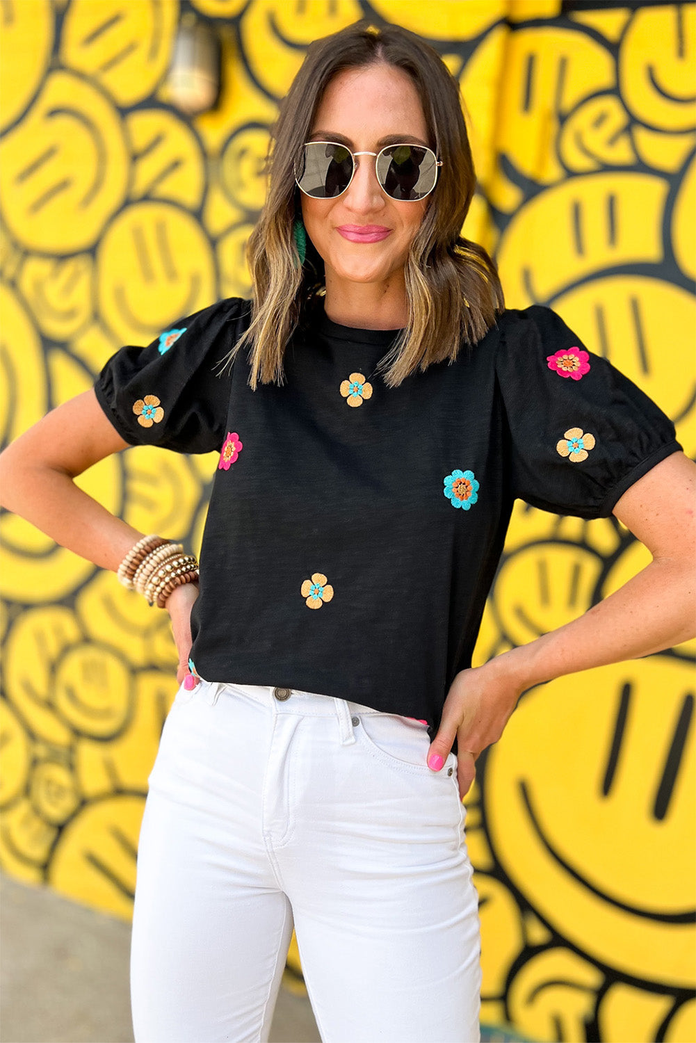 Embroidered Flower Short Puff Sleeve Tee