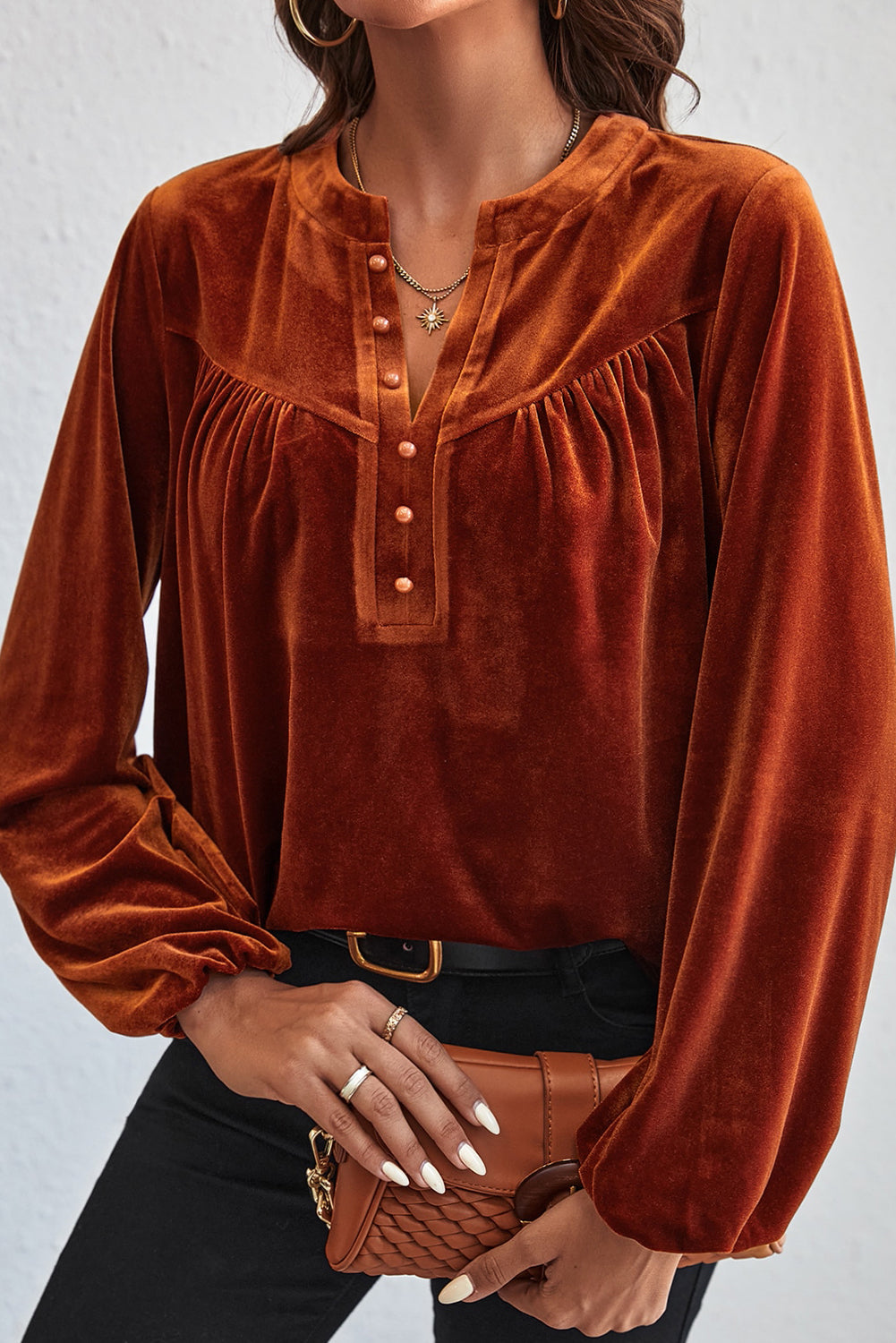 Lantern Sleeve Beaded Split V Neck Velvet Top