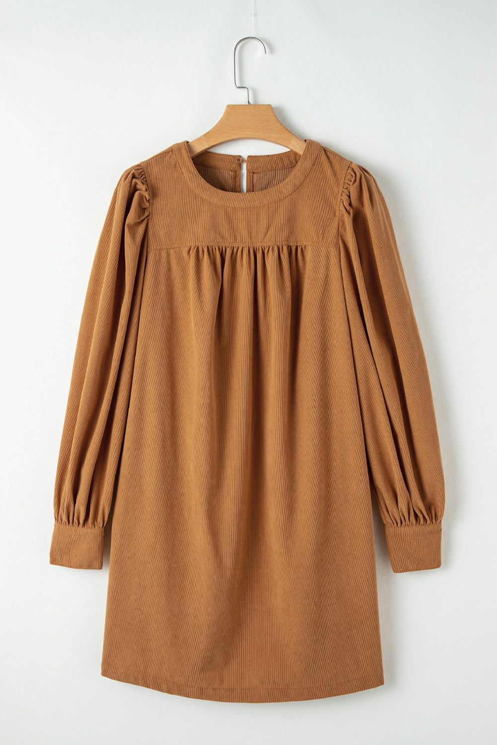 Gold Corduroy Pleated Puff Sleeve Shift Short Dress