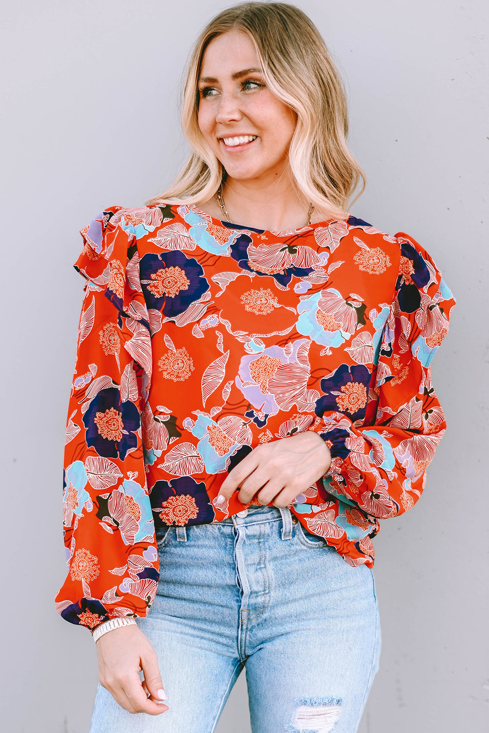 Playful Floral Print Ruffle Puff Sleeve Blouse