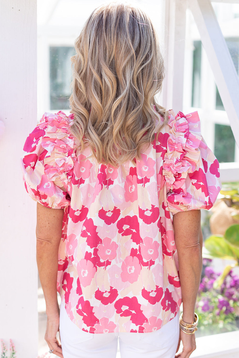 Split Neck Ruffled Puff Sleeves Floral Top