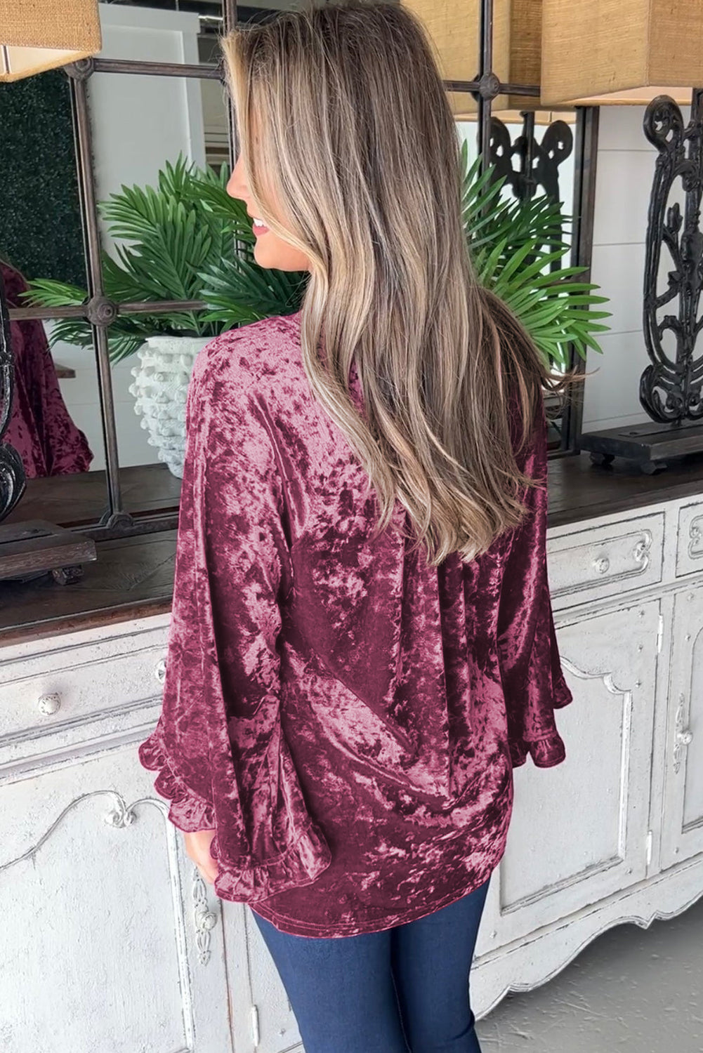 Velvet Pagoda Sleeve Crew Neck Top