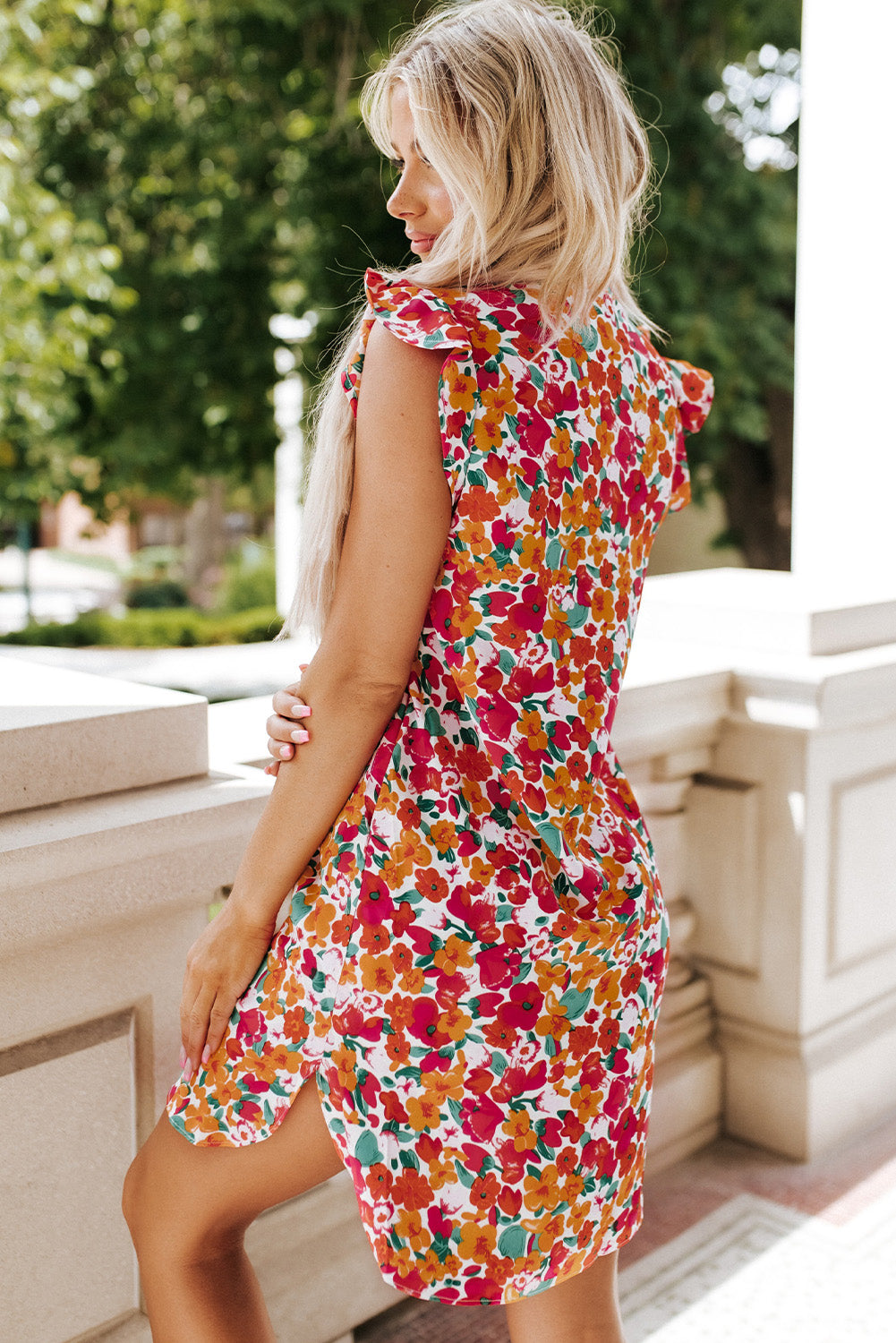 Fiery Red Ruffle Sleeve V-Neck Floral Dress