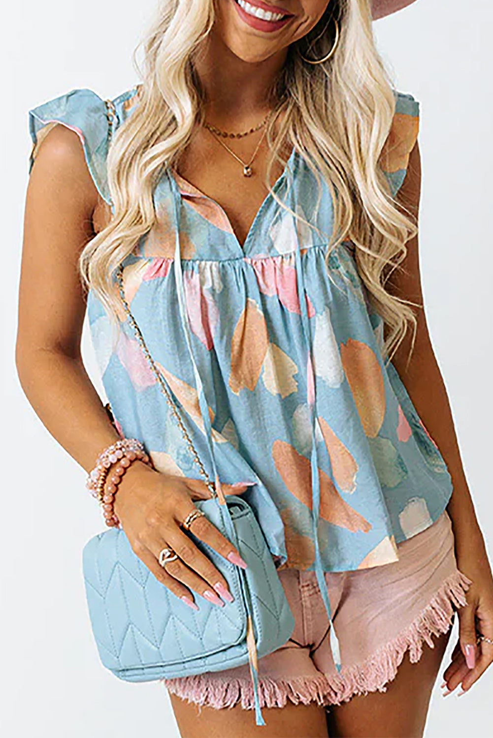 Watercolor Ruffled Cap Sleeve Shift Top