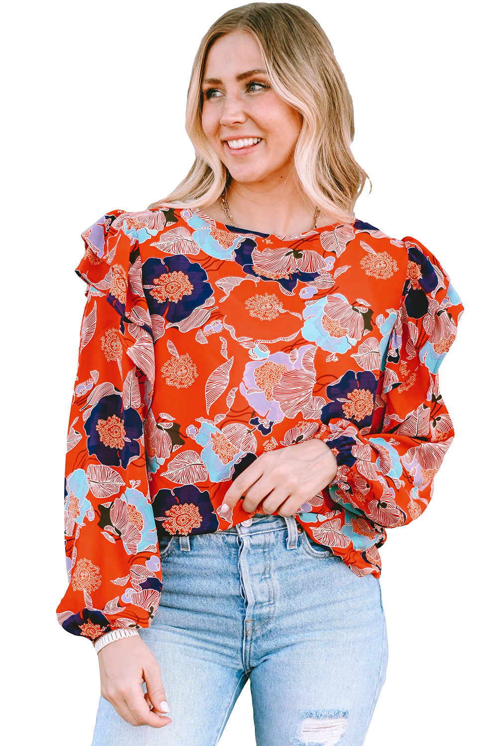 Playful Floral Print Ruffle Puff Sleeve Blouse