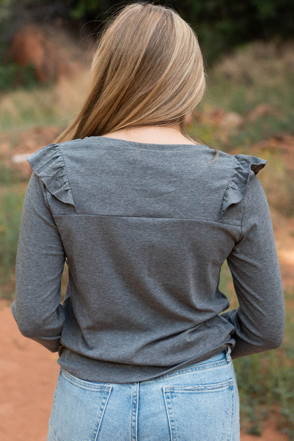 Grey Solid Color Ruffled Crew Neck Long Sleeve Top