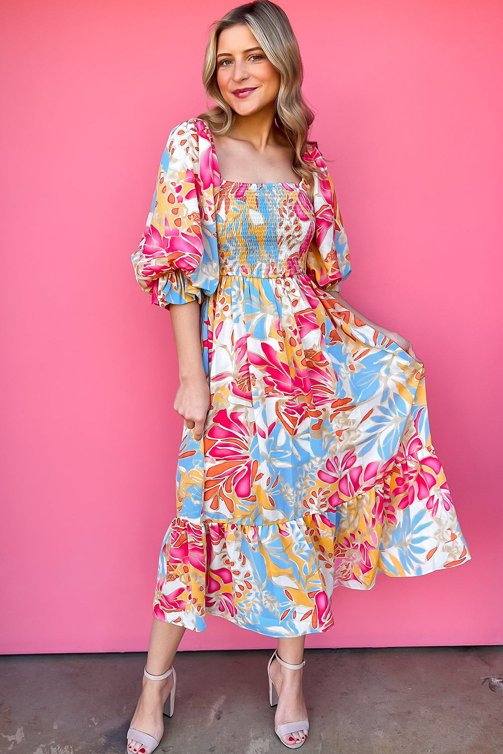 Tropical Print Smocked Bodice Puff Sleeve Maxi Dress