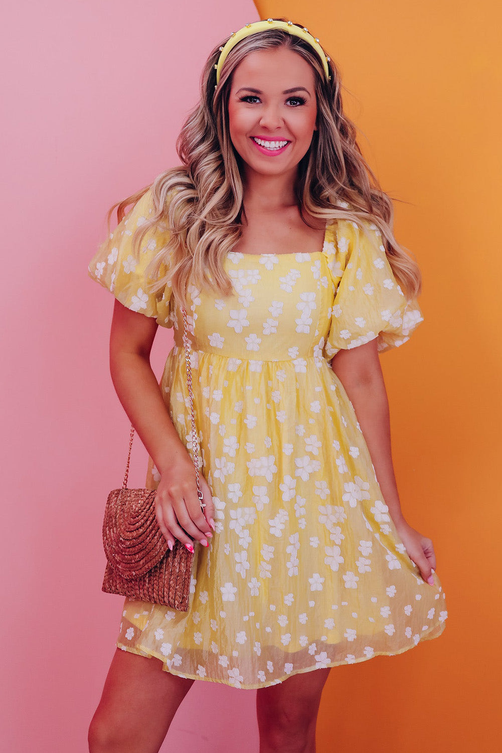 Yellow Boho Flower Jacquard Puff Sleeve Square Neck Mini Dress