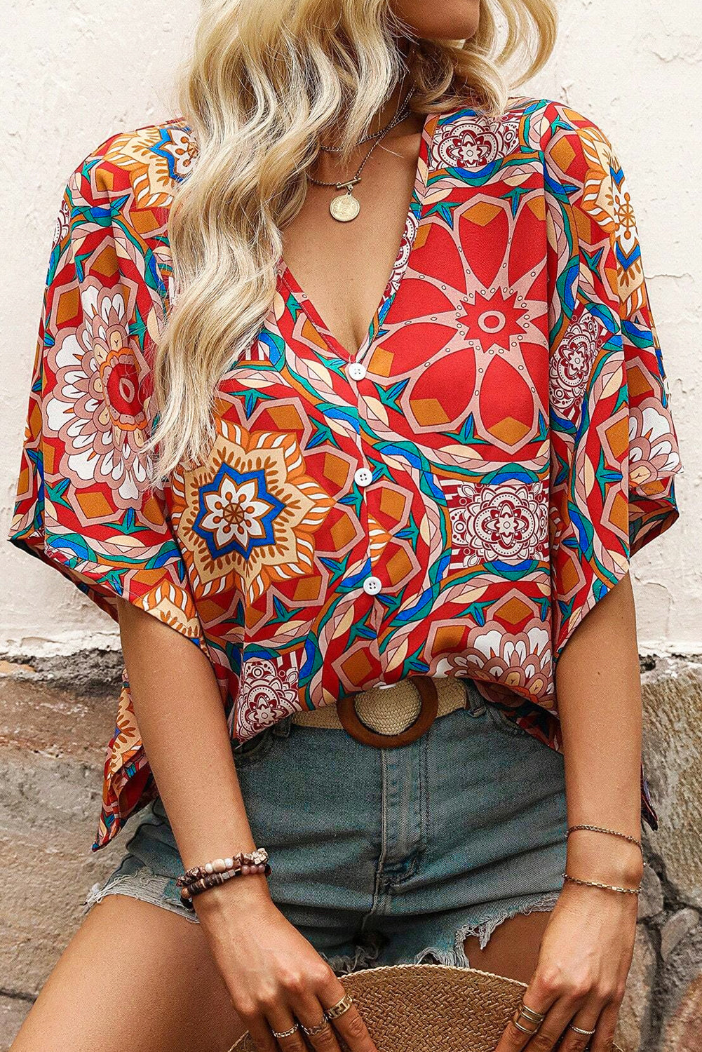 Red Floral Print Batwing Sleeve V Neck Blouse