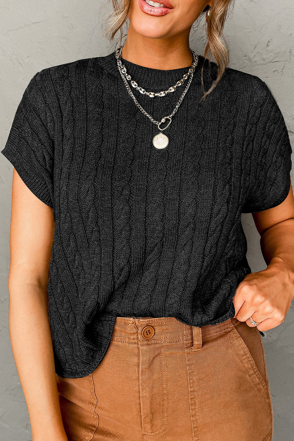 Chestnut Crew Neck Cable Knit Short Sleeve Sweater