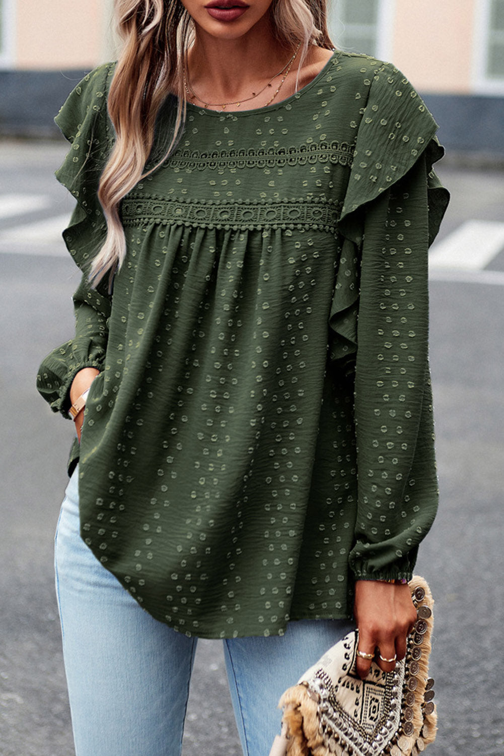 Lace Eyelet Ruffle Long Sleeve Blouse