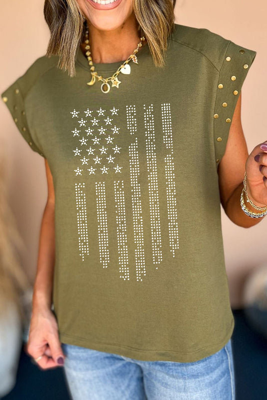 Green Rhinestone Stars Stripes Graphic Studded Sleeve Tee