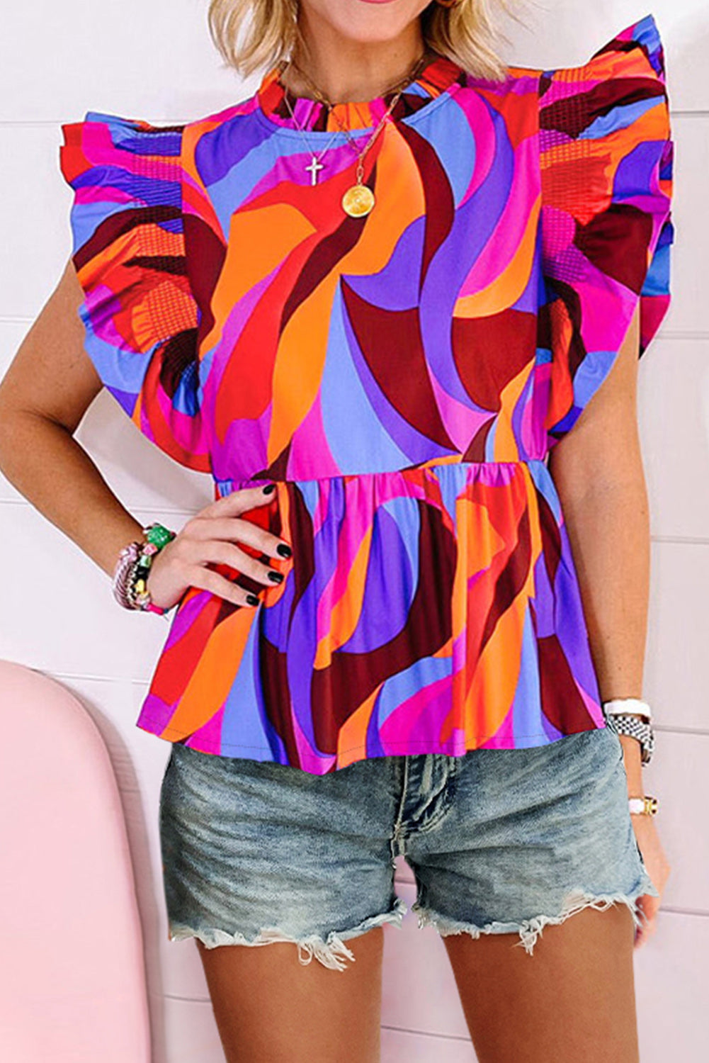 Abstract Print Flutter Sleeve Peplum Blouse