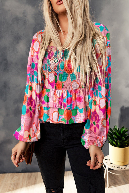 Floral Print Smocked Square Neck Blouse