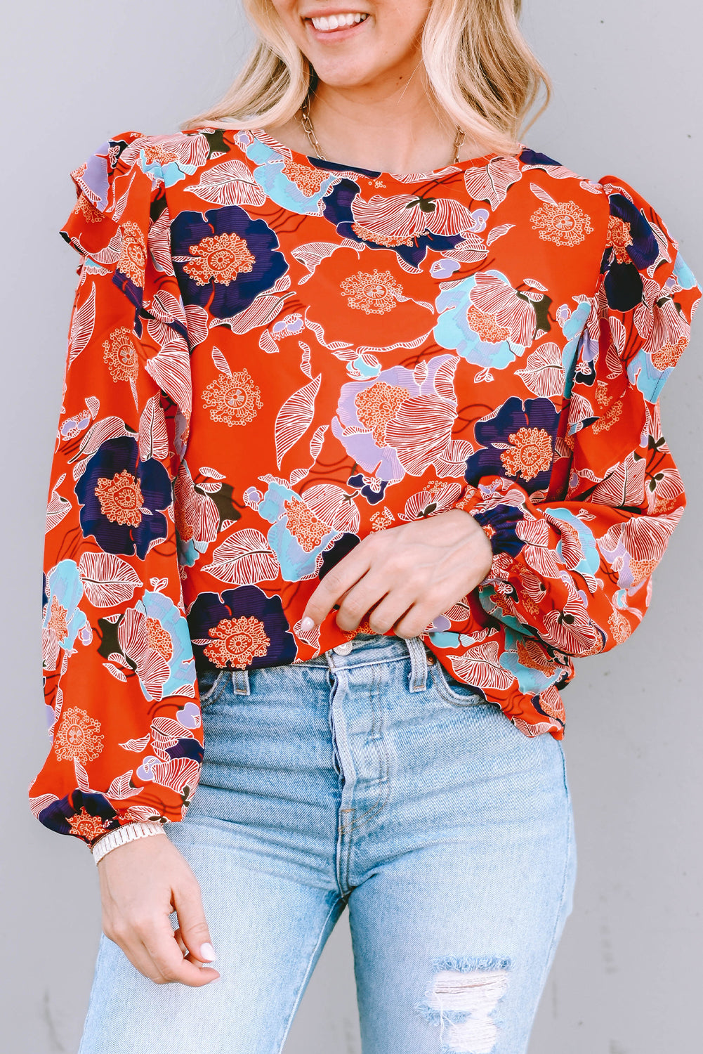 Playful Floral Print Ruffle Puff Sleeve Blouse