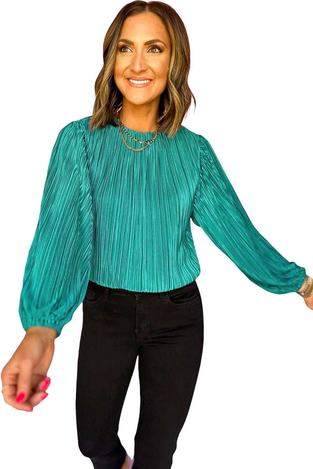 Pleated Luster Long Sleeve Blouse