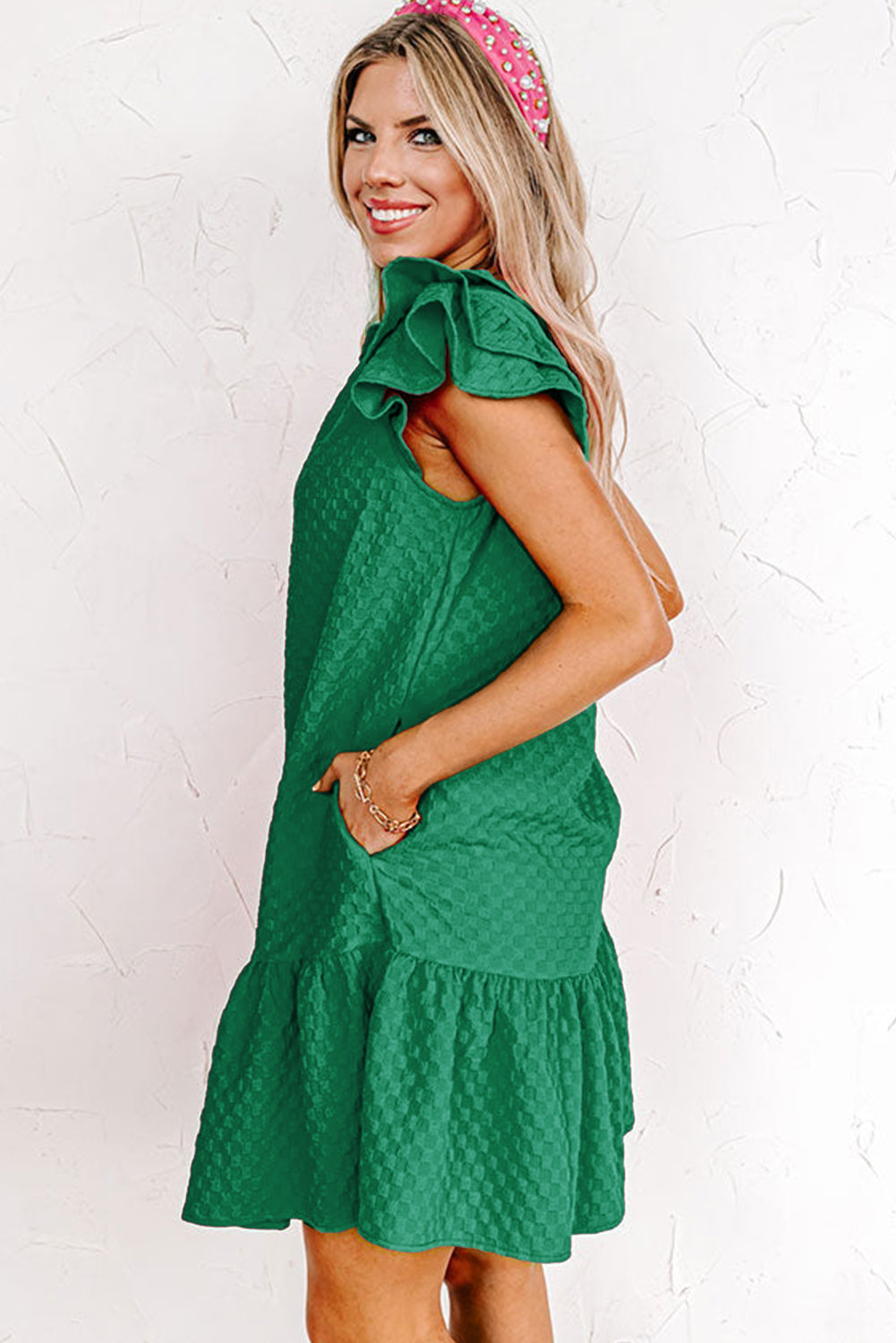 Green Flutter Sleeve Ruffled Textured Shift Dress