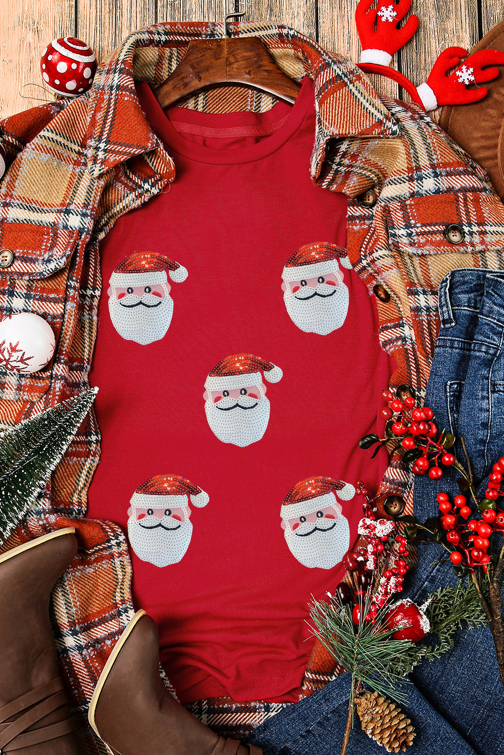 Red Sequin Santa Claus Pattern T Shirt