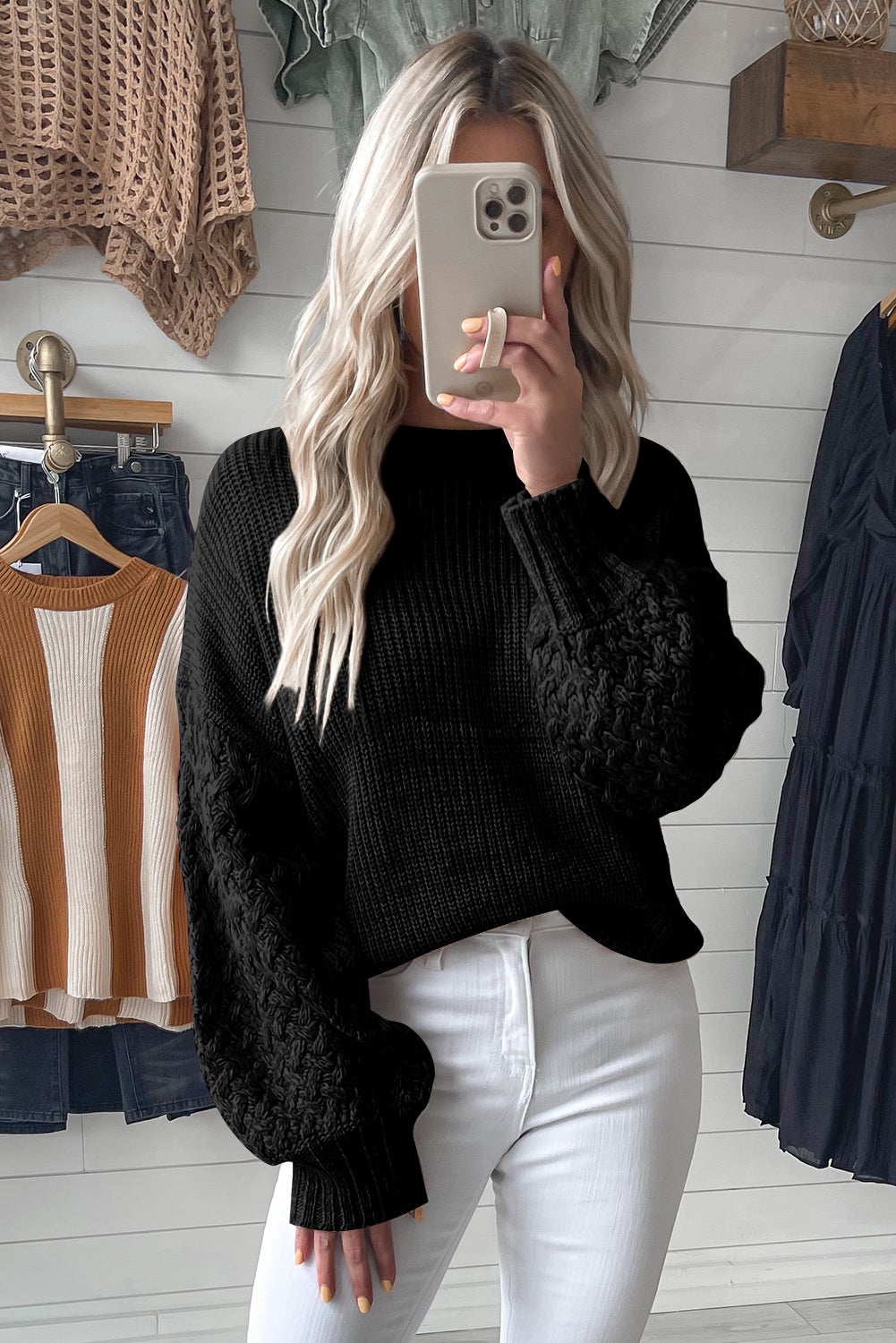 Cable Knit Sleeve Drop Shoulder Sweater