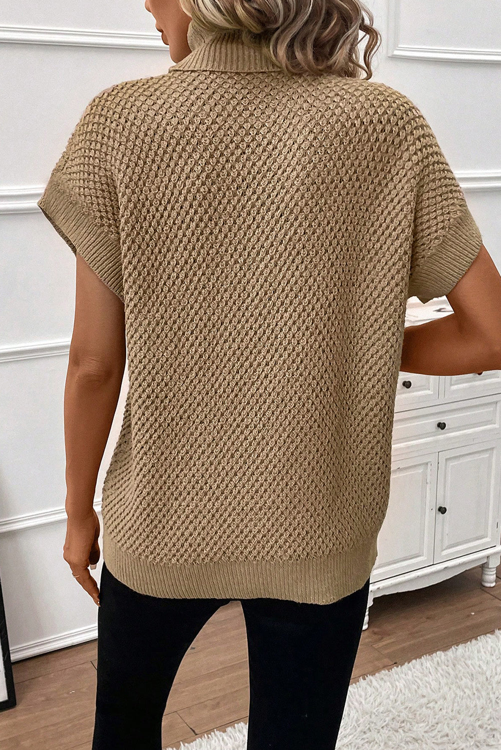 Turtleneck Textured Short Sleeve Sweater