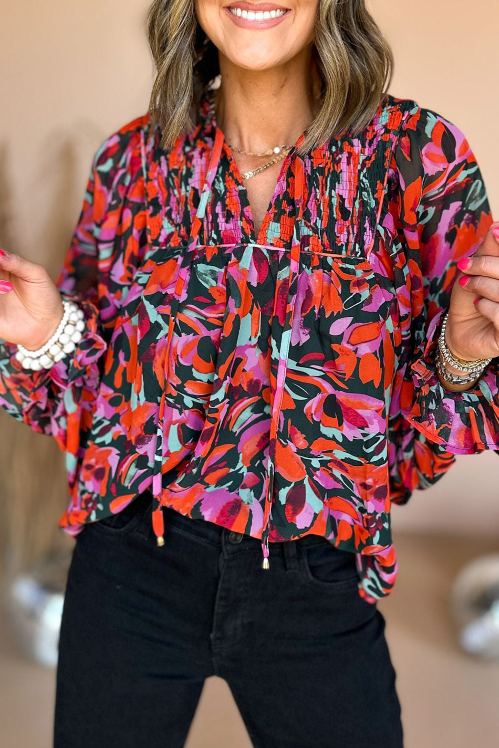 Red Dahlia Abstract Floral Puff Sleeve Blouse