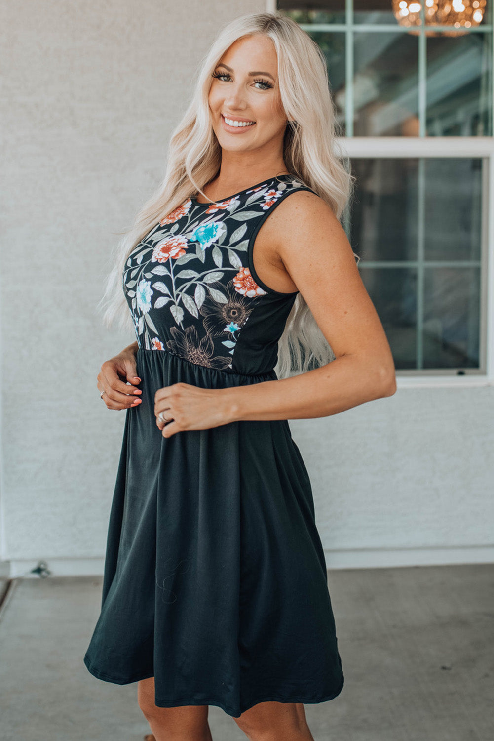 Black Floral Top Sleeveless Dress