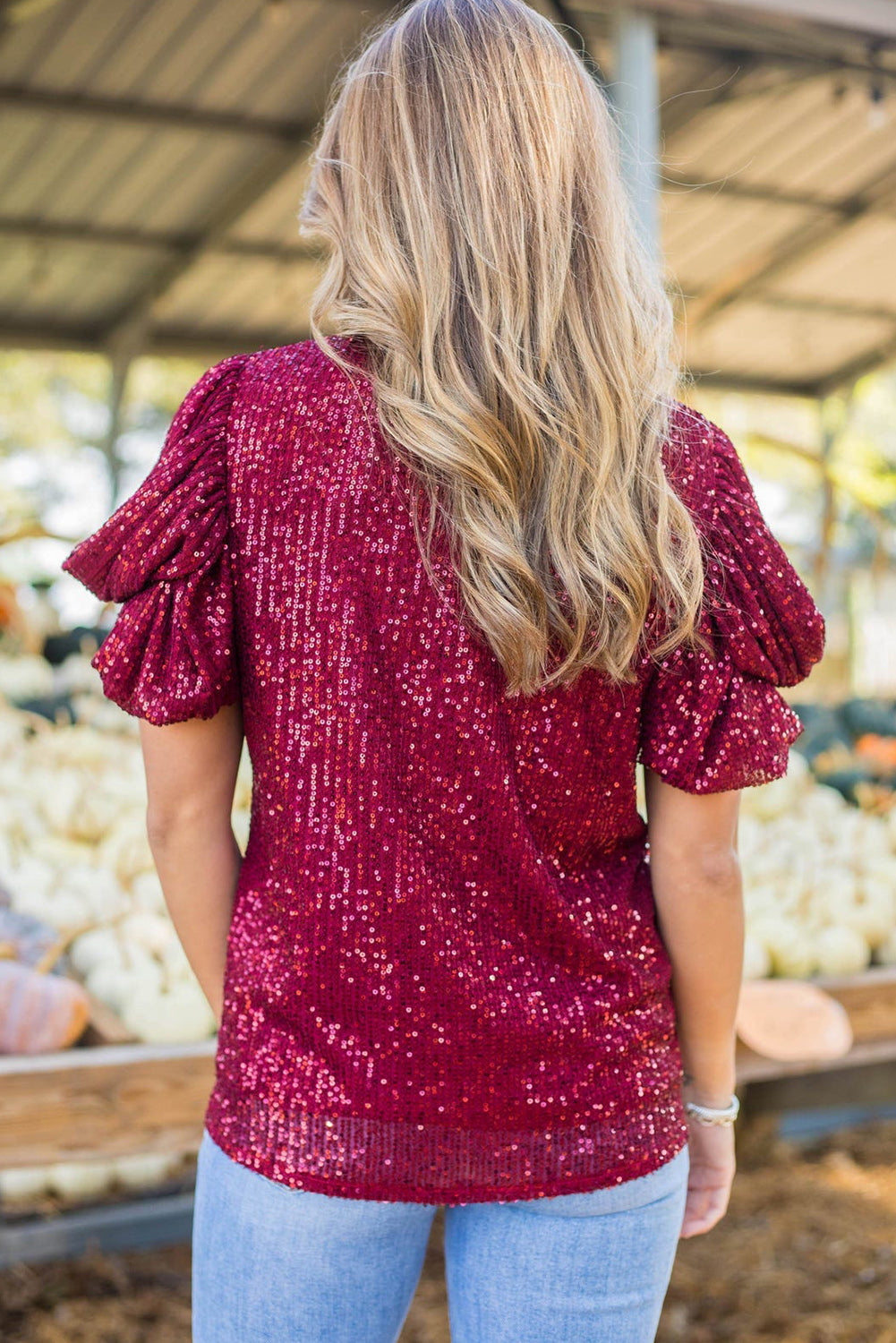 Sequin Short Bubble Sleeve Blouse