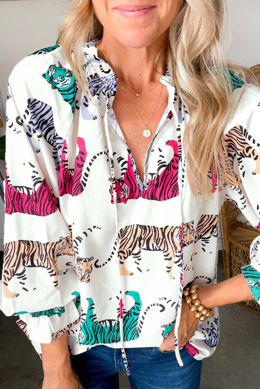 Tiger Print Ruffled Lantern Sleeve Blouse