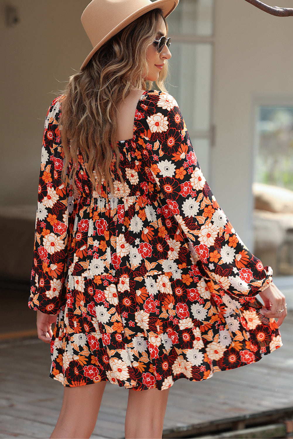 Smocked High Waist Long Sleeve Floral Dress