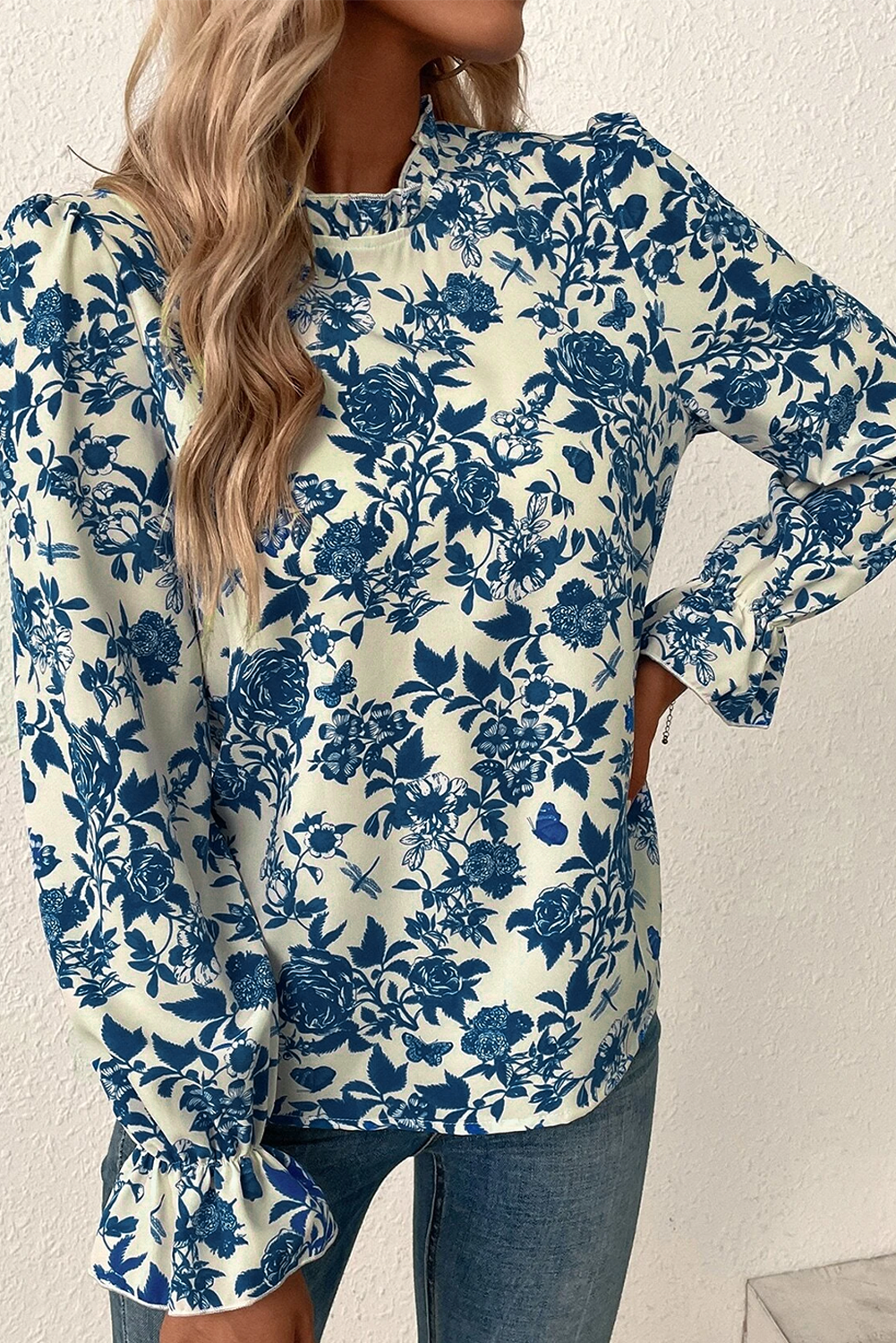 Sky Blue Floral Print Flounce Sleeve Blouse