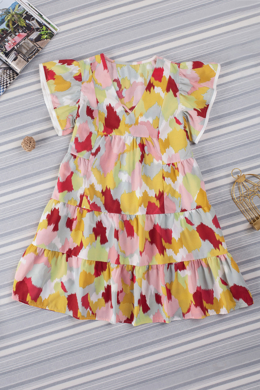 Printed Crisscross Decor V Neck Flutter Sleeve Dress