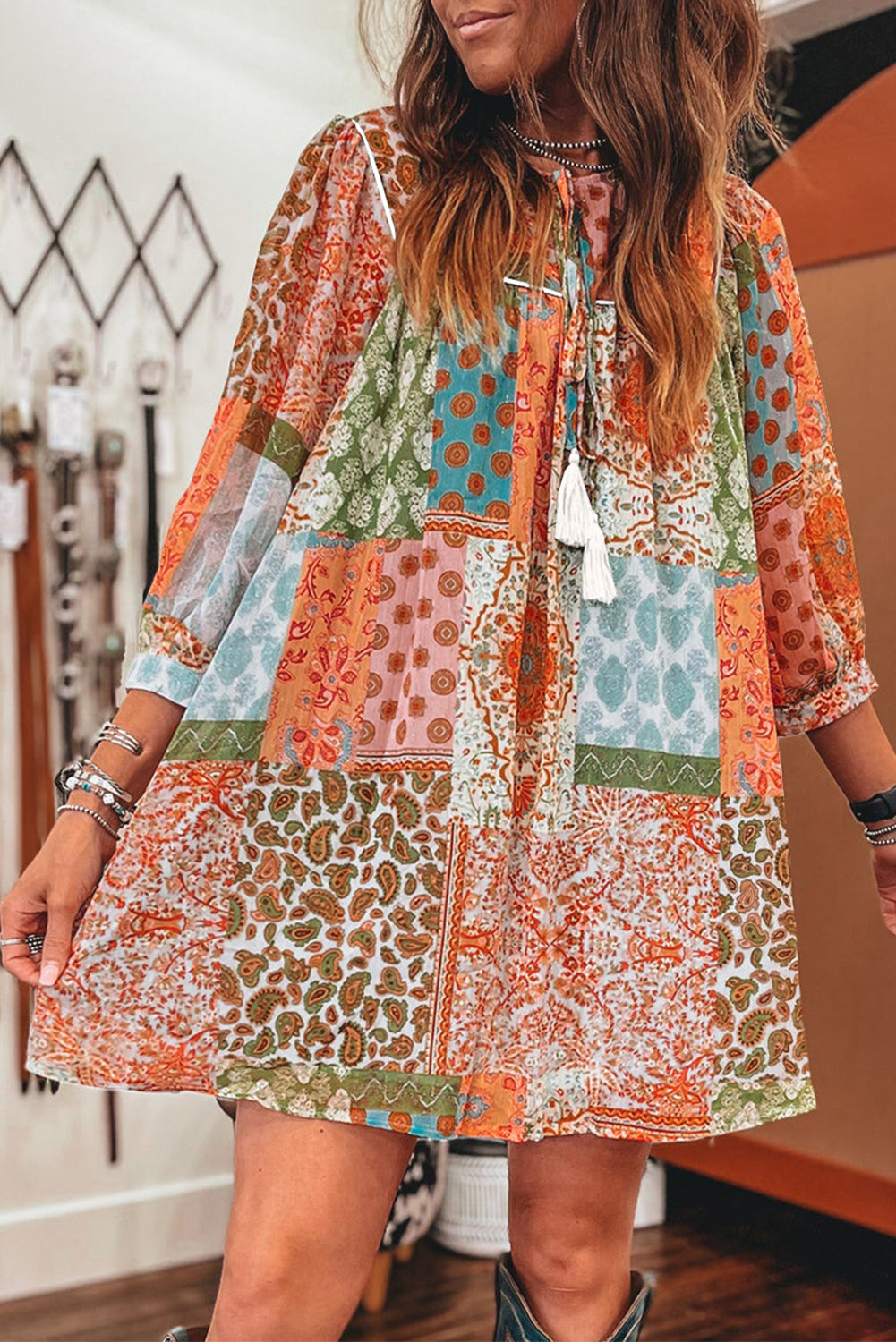 Orange Boho Paisley Print 3/4 Sleeve Chiffon Loose Dress