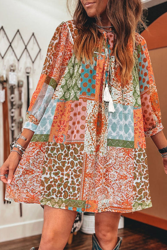 Orange Boho Paisley Print 3/4 Sleeve Chiffon Loose Dress