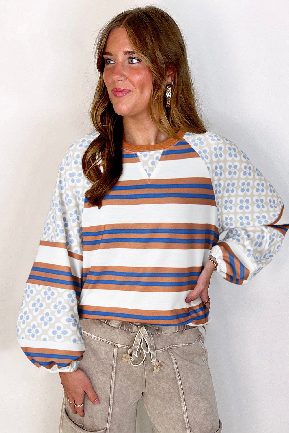 White Striped Floral Patchwork Lantern Sleeve Blouse