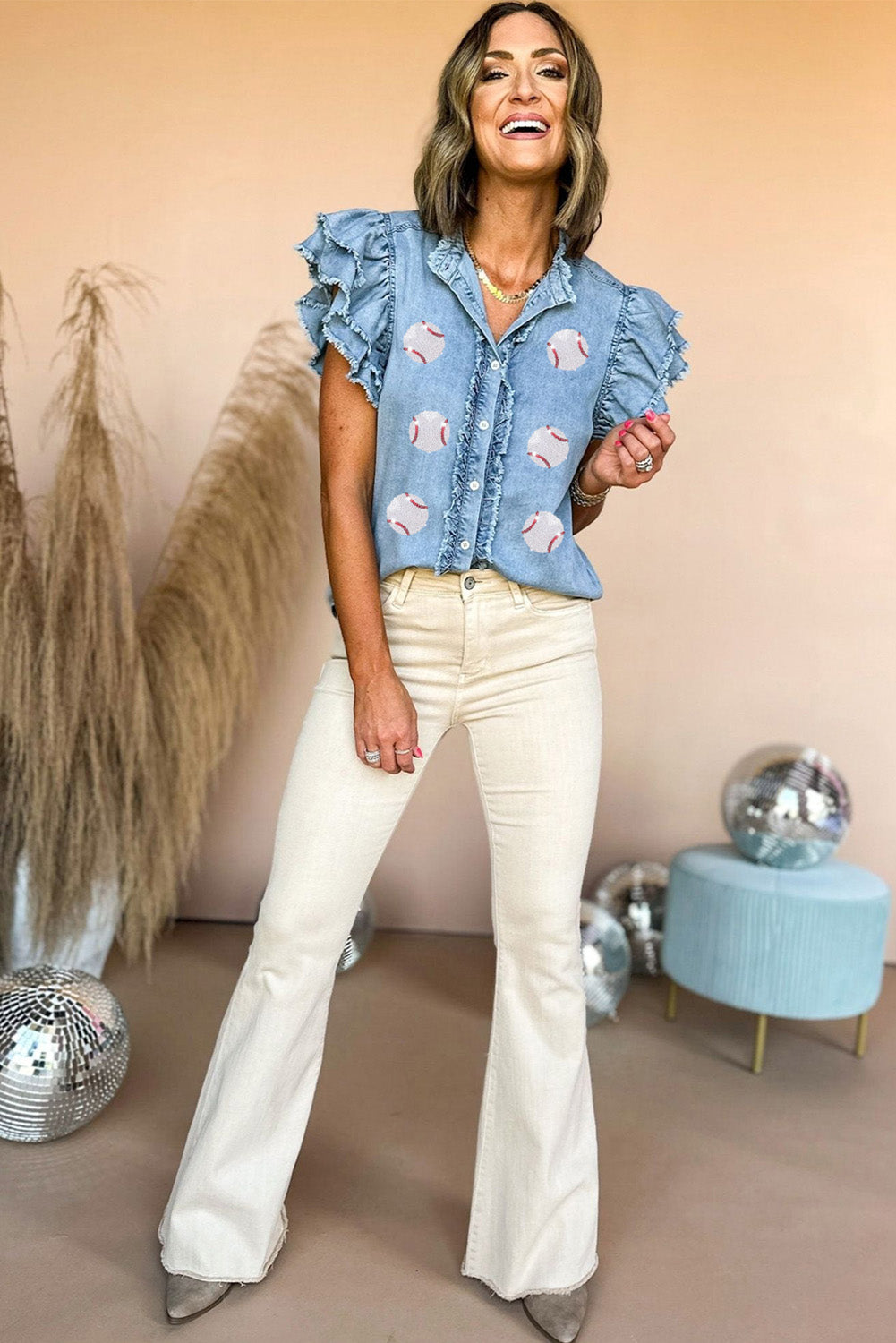 Blue Sequin Baseball Graphic Button Up Ruffled Sleeve Frayed Denim Top