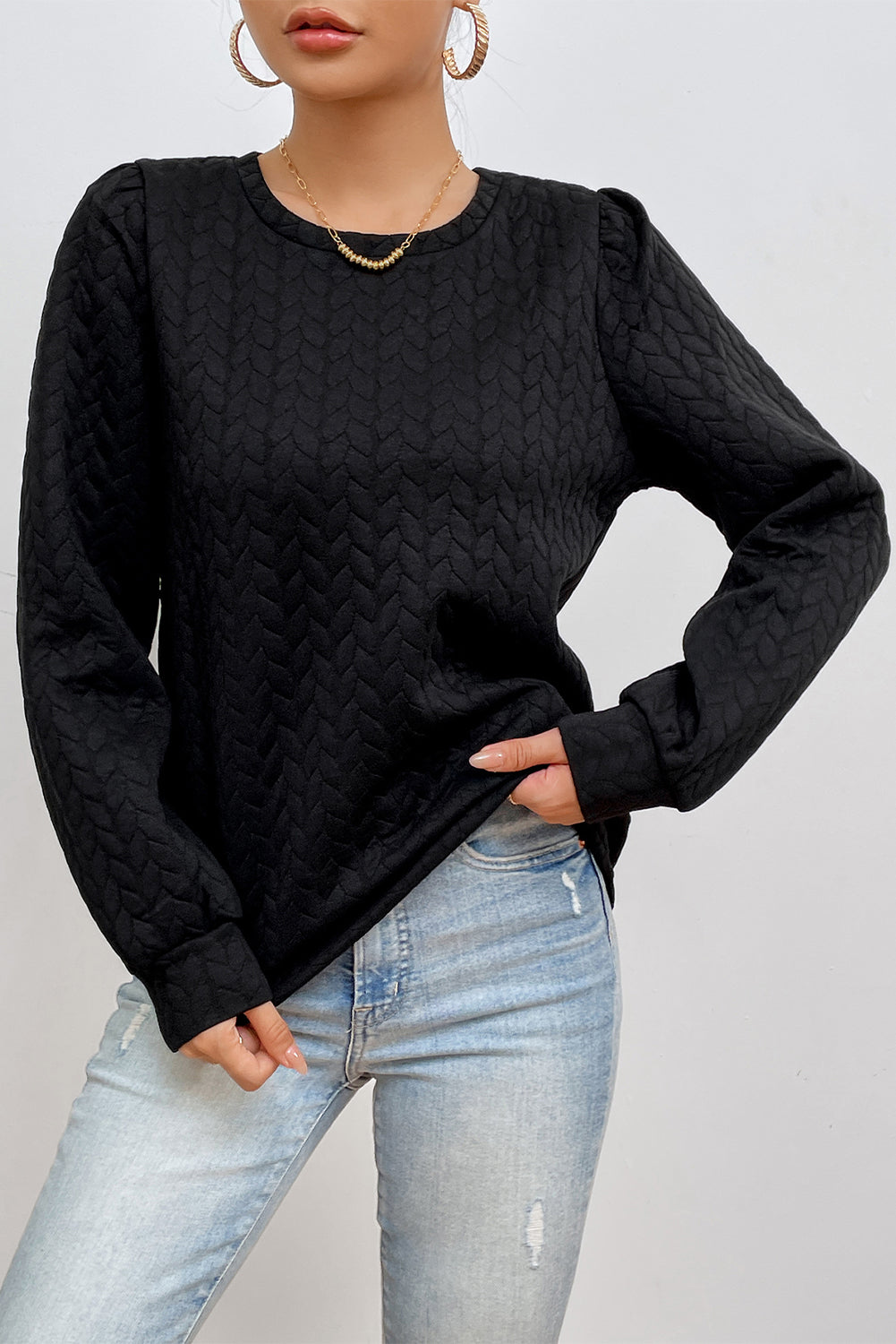 Cable Textured Puff Sleeve Sweatshirt