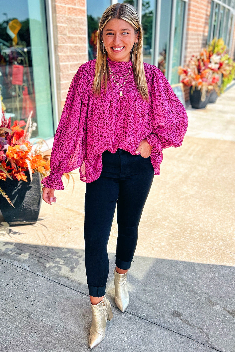 Pink Leopard Shirred Puff Sleeve Flowy Blouse