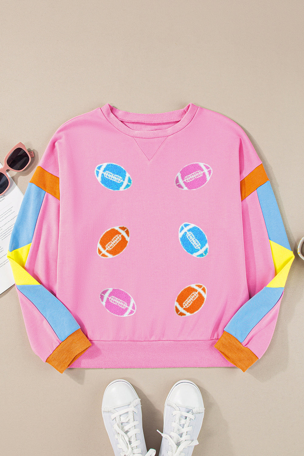 Pink Football Patchwork Color Block T Shirt