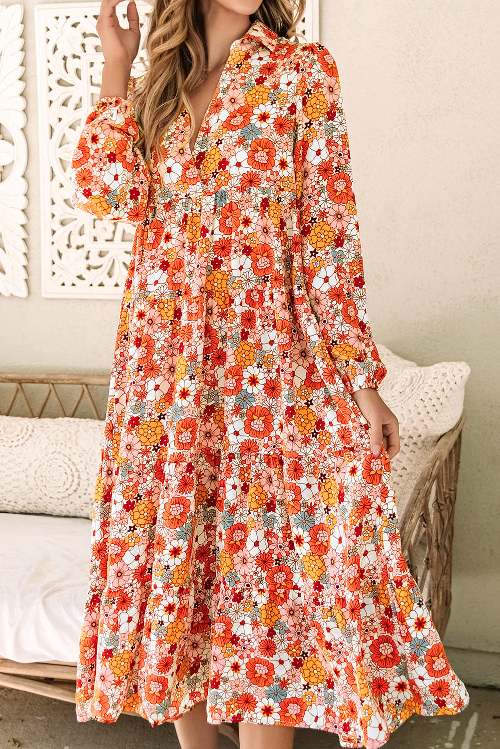 Boho Floral Collared Long Sleeve Ruffled Dress