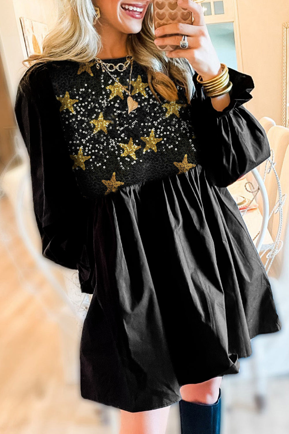 Sequined Stars Flounce Sleeve Ruffled Babydoll Dress