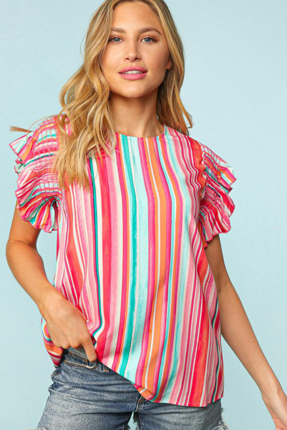 Multicolor Abstract Print Stitching Ruffle Sleeve Blouse