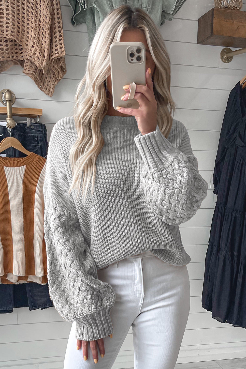 Cable Knit Sleeve Drop Shoulder Sweater