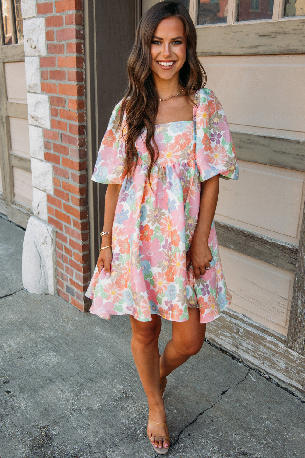 Summer Floral Square Neck Puff Sleeve Babydoll Dress