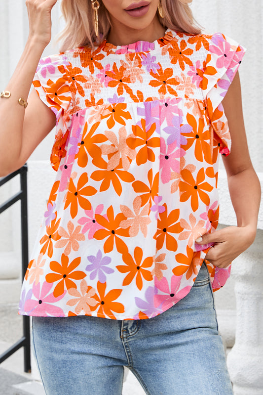 Orange Ruffled Sleeve Smocked Floral Top