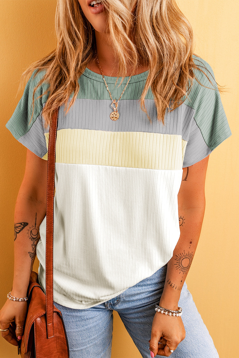 Ribbed Color Block Patchwork T-shirt